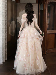 Champagne A-Line Tulle Sequins Long Evening Prom Dress Embroidery Applique Formal Evening Dress