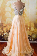 Champagne A-Line V Neck Chiffon Long Evening Prom Dress, Formal Dress