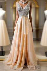 Champagne A-Line V Neck Chiffon Long Evening Prom Dress, Formal Dress