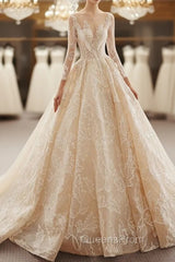 Champagne Ball Gown Lace Long Sleeve Beading Wedding Dress With Long Train