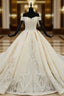 Champagne Ball Gown Satin Off the Shoulder Appliques Wedding Dress