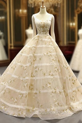 Champagne Ball Gown Straps Tulle Appliques Backless Sweet 16 Evening Prom Dress