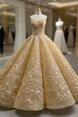 Champagne Ball Gown Sweetheart Appliques Evening Prom Dress