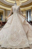 Champagne Ball Gown Tulle Lace Long Sleeve Backless Wedding Dress With Beading