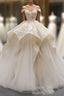 Champagne Ball Gown Tulle Lace Off The Shoulder Evening Prom Dress