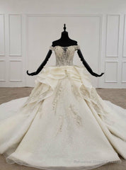 Champagne Ball Gown Tulle Off the Shoulder Appliques Beading Sequins Wedding Dress