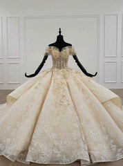 Champagne Ball Gown Tulle Sequins Appliques Off the Shoulder Luxury Wedding Dress