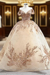 Champagne Ball Gown Tulle Sequins Beading Evening Prom Dress