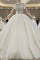 Champagne Ball Gown Tulle Sequins Beading Short Sleeve Wedding Dress