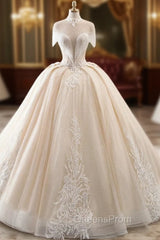 Champagne Ball Gown Tulle Sequins High Neck Backless Wedding Dress