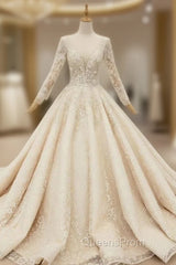 Champagne Ball Gown Tulle Sequins Long Sleeve Beading Wedding Dress