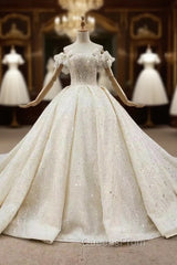 Champagne Ball Gown Tulle Sequins Off the Shoulder Beading Long Wedding Dress
