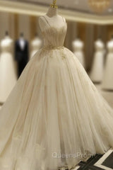 Champagne Ball Gown Tulle Spaghetti Straps Backless Wedding Dress