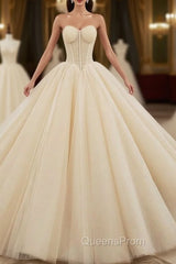 Champagne Ball Gown Tulle Sweetheart Pleats Wedding Dress