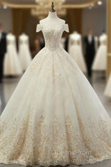 Champagne BallGown Tulle Appliques Off The Shoulder Wedding Dress