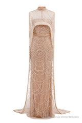 Champagne Beading Prom Dresses Sweep Train High Neck Zipper Sleeveless Evening Dresses