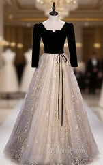 Champagne Black Tulle Short Sleeve Sequins Evening Prom Dress