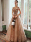 Champagne Cap Sleeves Tulle Long Party Dress, New Style Long Classy Prom Dress Party Dress