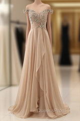 Champagne Chiffon Off The Shoulder Pleats Evening Prom Dress With Crystal