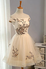 Champagne Embroidery Homecoming Dress,Tulle Short Party Dress