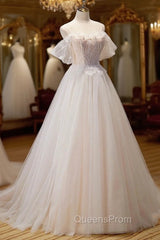 Champagne Floor Length Lace Long Evening Prom Dress, Off the Shoulder Evening Dress