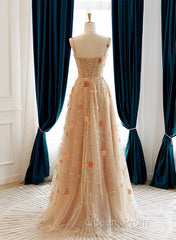 Champagne Floral Tulle Straps Sweetheart Wedding Party Dress, A-Line Tulle Long Evening Prom Dress
