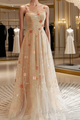 Champagne Floral Tulle Straps Sweetheart Wedding Party Dress, A-Line Tulle Long Evening Prom Dress