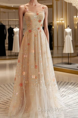 Champagne Floral Tulle Straps Sweetheart Wedding Party Dress, A-Line Tulle Long Evening Prom Dress