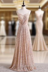 Champagne Gold Seuqins Spaghetti Straps Evening Prom Dress