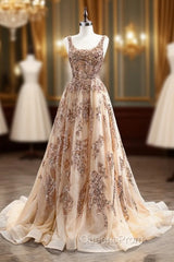 Champagne Gold Tulle Sequins Beading Evening Prom Dress
