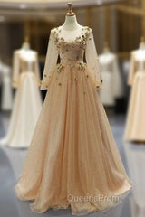 Champagne Gold Tulle Sequins Long Sleeve Appliques Evening Prom Dress