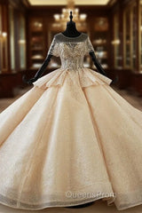 Champagne Gold Tulle Seuqins Backless Beading Wedding Dress