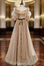 Champagne Gold Tulle Square Short Sleeve Evening Prom Dress