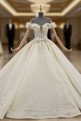 Champagne Gown Tulle Sequins Off the Shoulder Wedding Dress With Beading