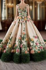 Champagne Green Tulle 3D Flower Evening Prom Dress