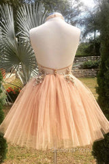 Champagne High Neck Tulle Lace Short Evening Prom Dress Tulle Evening Dress