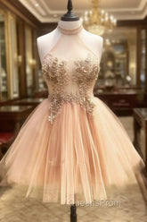 Champagne High Neck Tulle Lace Short Evening Prom Dress Tulle Evening Dress