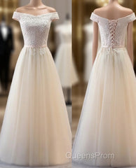 Champagne Lace Applique Off Shoulder Tulle Party Evening Prom Dress