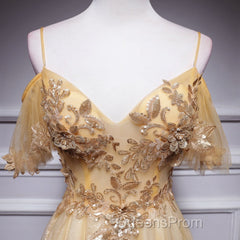 Champagne Lace Off Shoulder Long Party Dress , Cute Tulle Formal Dress Evening Prom Dress