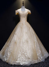 Champagne Lace Off Shoulder Party Dress, Ball Gown Tulle Evening Dress Evening Dress