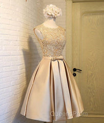 Champagne Lace Short Evening Prom Dress, Cute Homecoming Dress