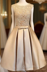 Champagne Lace Short Evening Prom Dress, Cute Homecoming Dress