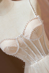 Champagne Lace Short Evening Prom Dress, Spaghetti Straps Party Dress with Pearl