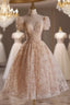Champagne Lace Short Sleeve Beading Short Evening Prom Dress