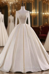 Champagne Long Sleeve Backless Satin Beading Wedding Dress