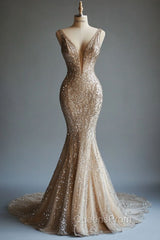 Champagne Mermaid Deep V Neck Tulle Sequin Beaded Long Evening Prom Dress Sexy Evening Dress