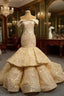 Champagne Mermaid Off the Shoulder Appliques Evening Prom Dress