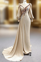Champagne Mermaid Satin Long Sleeve Beading Evening Prom Dress