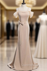 Champagne Mermaid Satin Spagehtti Straps Evening Prom Dress With Sash