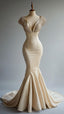 Champagne Mermaid Satin Beaded V-Neck Long Ball Dress, Elegant Classy Evening Dress